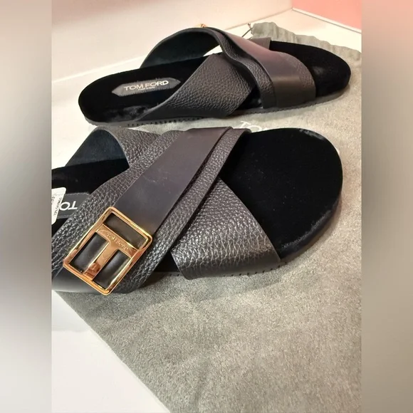 Tom Ford Black Slide Sandals with Gold Buckle